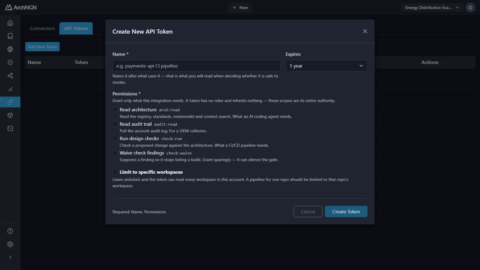 Creating an API token: name, expiry, permissions and workspaces