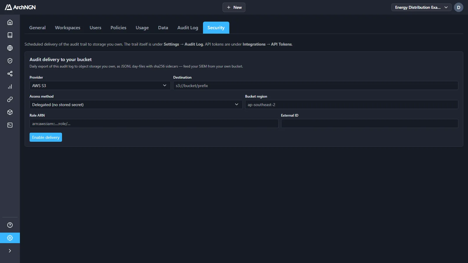 Settings → Security: audit delivery to your bucket
