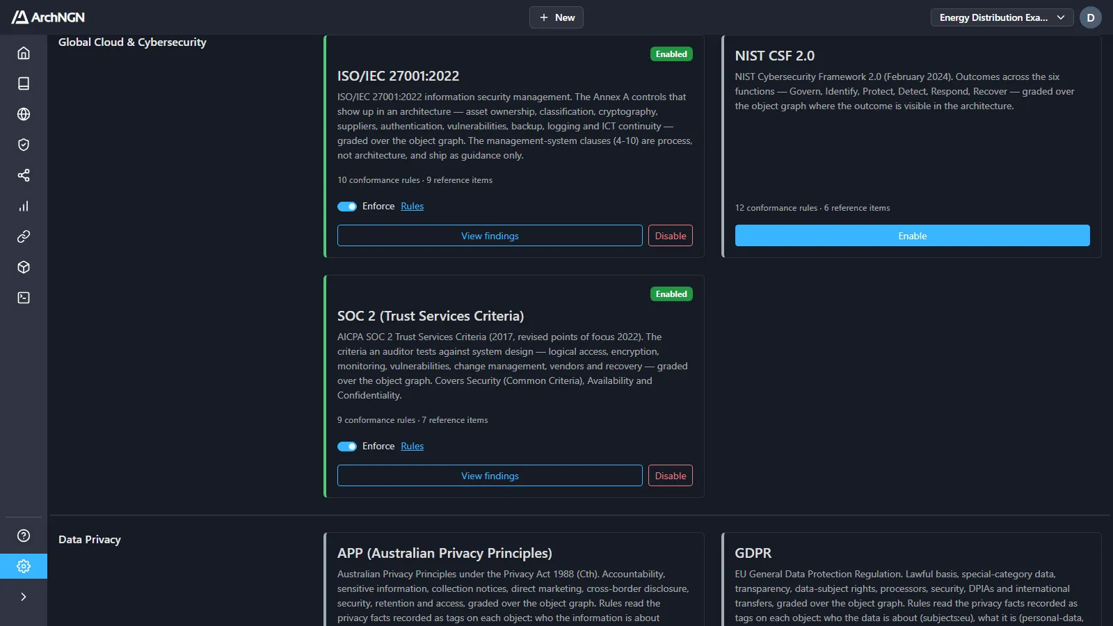 Frameworks under Settings → Policies, with ISO/IEC 27001:2022 and SOC 2 enabled