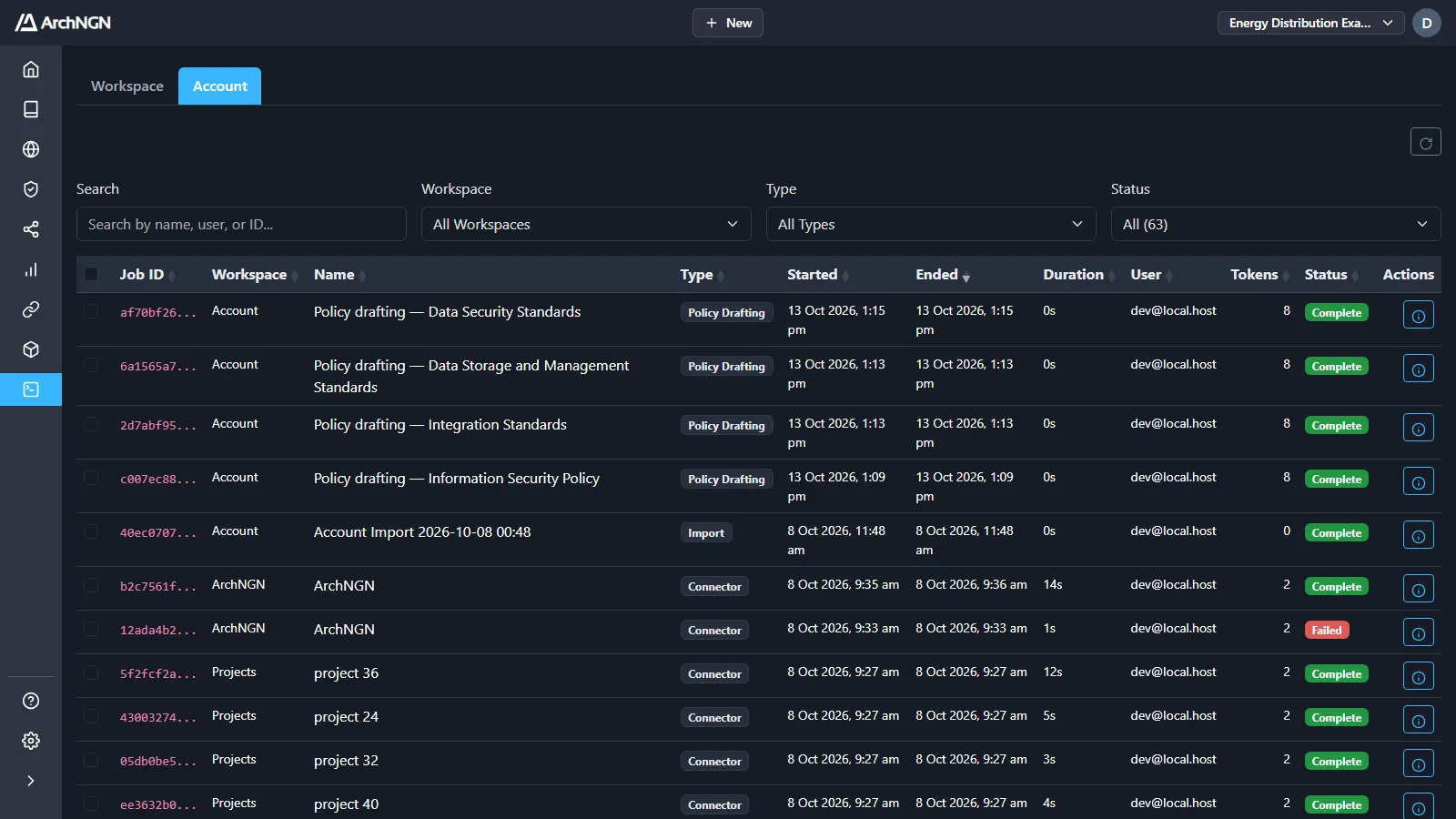 Jobs → Account: policy drafting, import and connector runs across workspaces