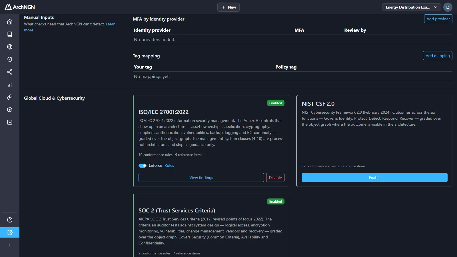 Manual inputs under Settings → Policies: MFA by identity provider, and tag mapping