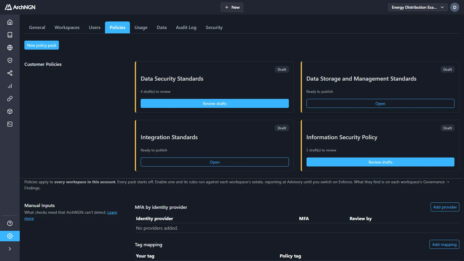 Customer Policies under Settings → Policies: each pack with its drafts to review or ready to publish