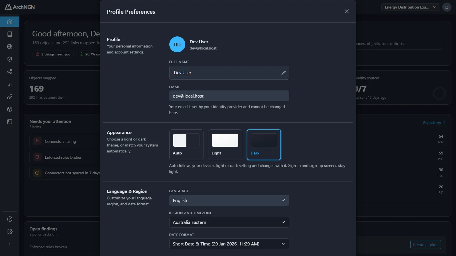 Profile preferences: profile, appearance, and language and region