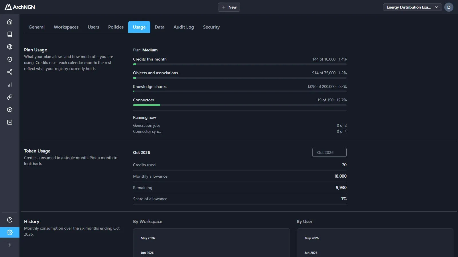 Settings → Usage: plan usage, token usage and history